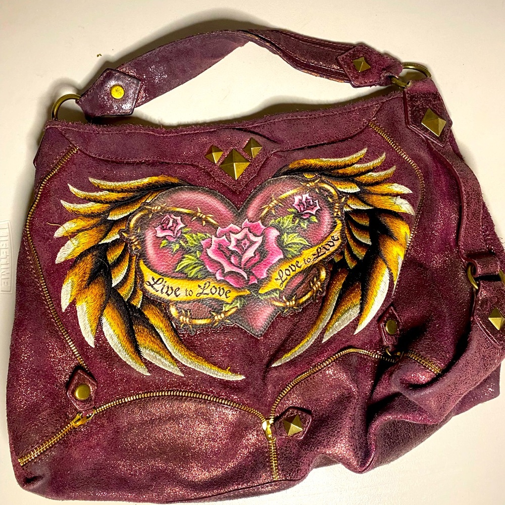 Isabella fiord love to live purple metallic embroided bag